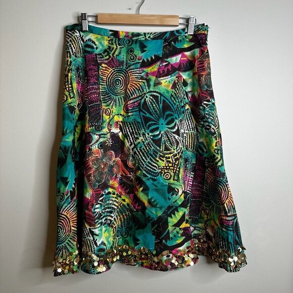 WD NY Skirt Sz 12 Colorful Astract Gold Pailettes Cotton Linen A Line Artsy Boho - Picture 1 of 9